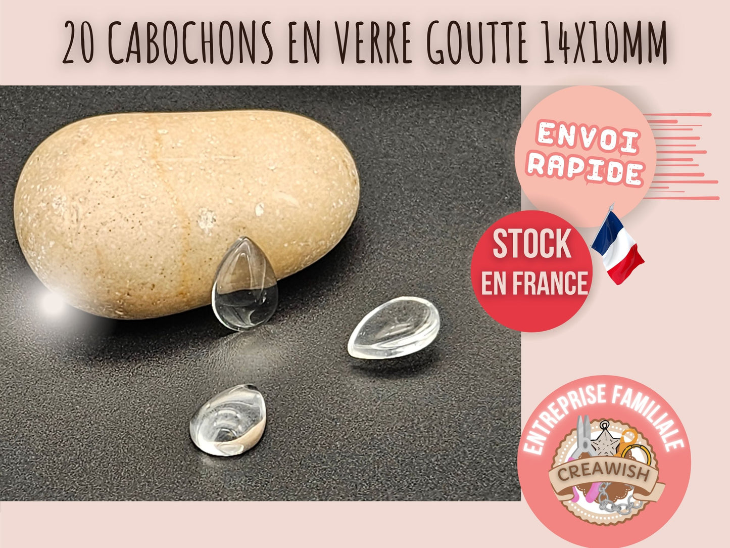 20 cabochons en verre goutte 14x10mm