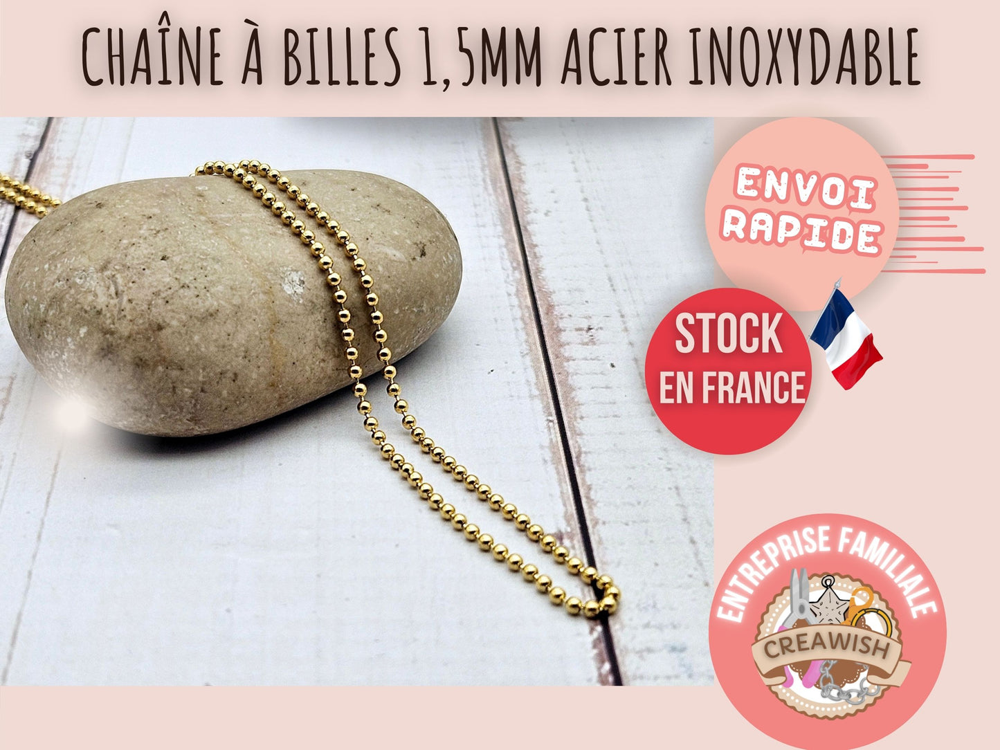 Chaîne à billes 1,5mm acier inoxydable doré, au mètre