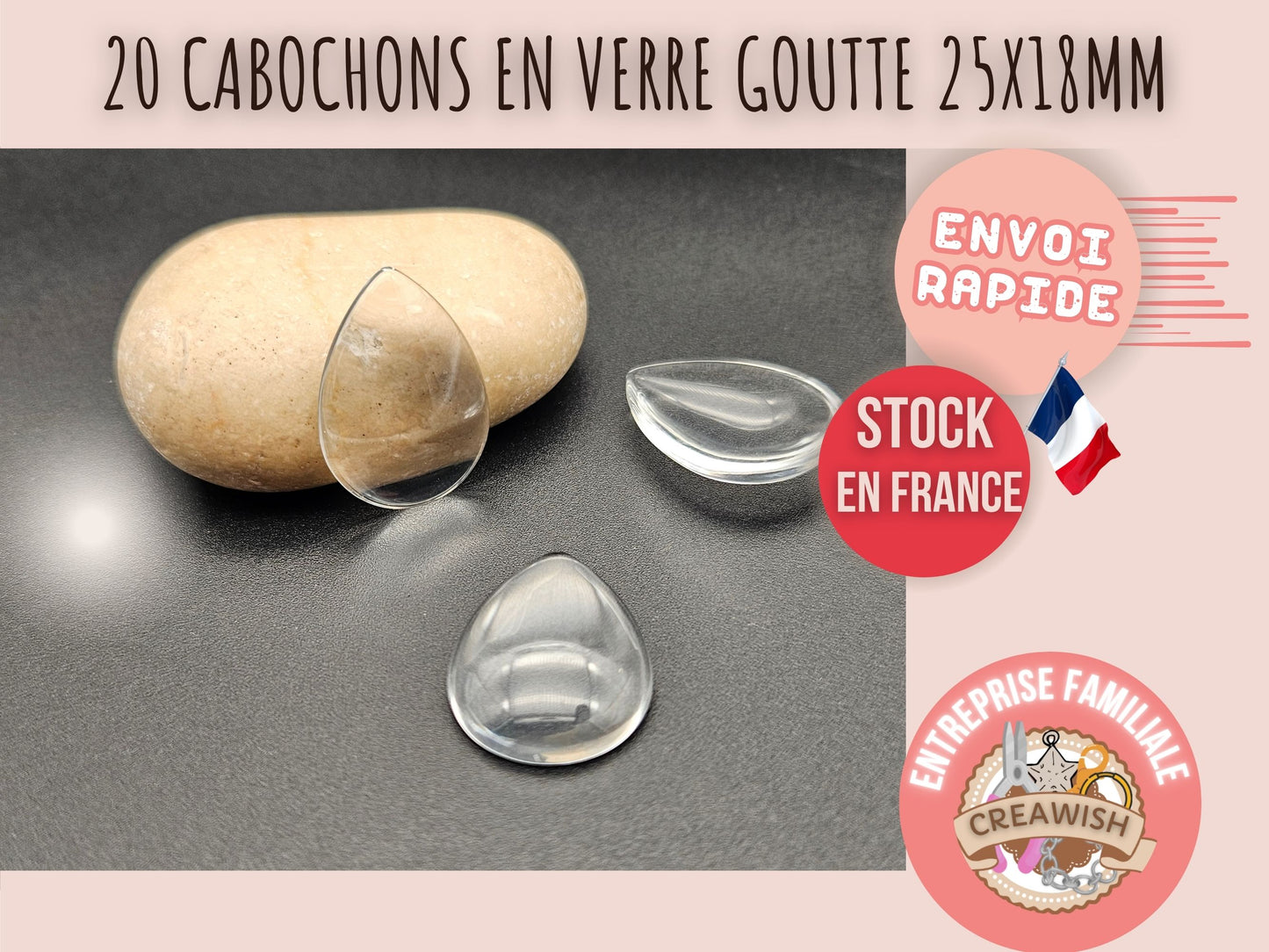 20 cabochons en verre goutte 25x18mm