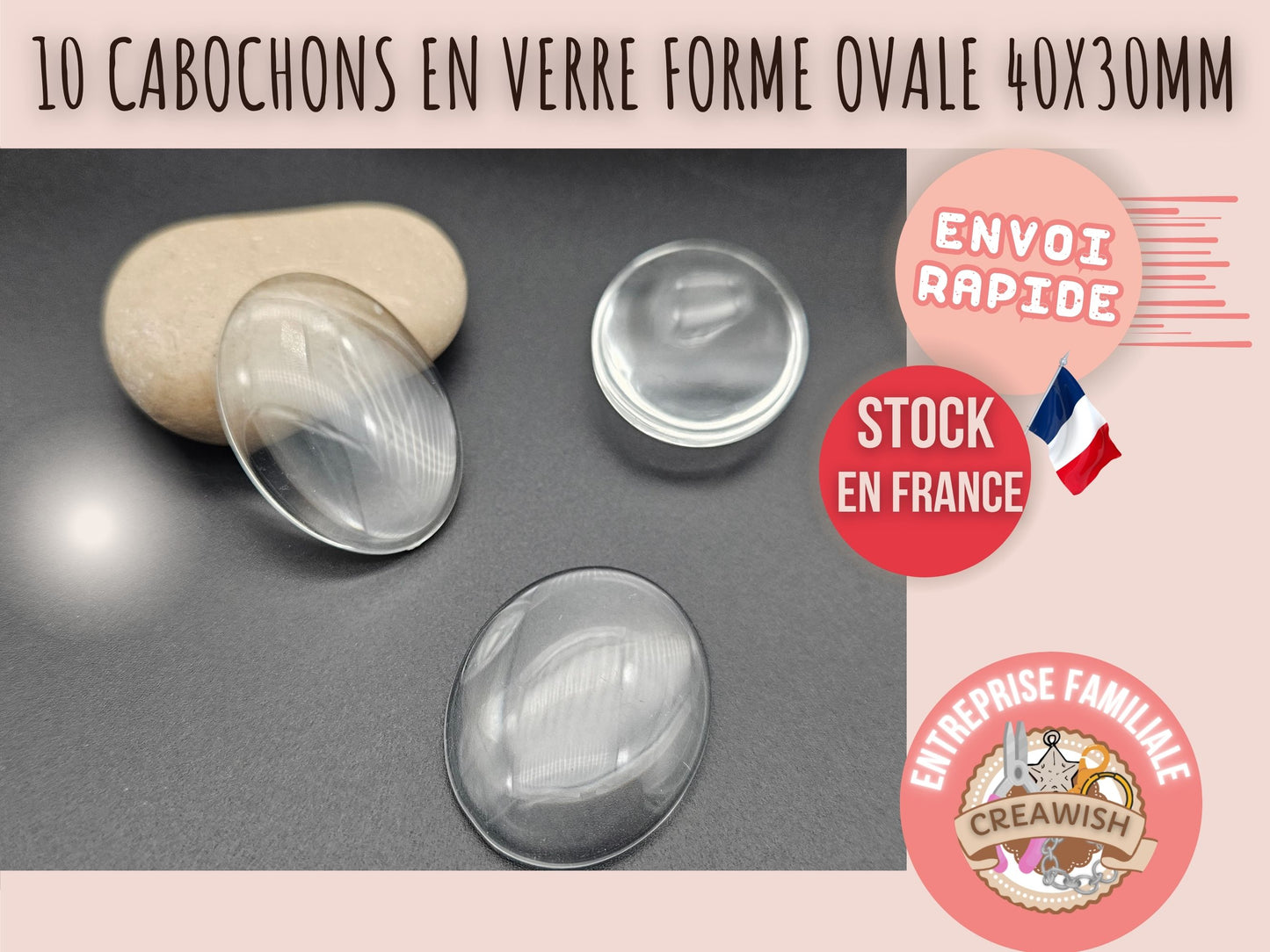 10 cabochons en verre forme ovale 40x30mm