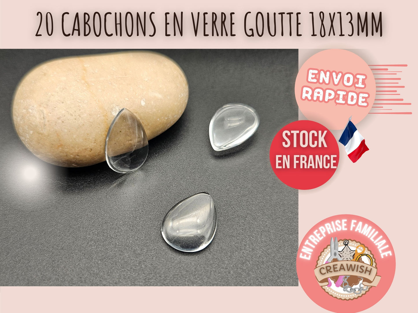20 cabochons en verre goutte 18x13mm