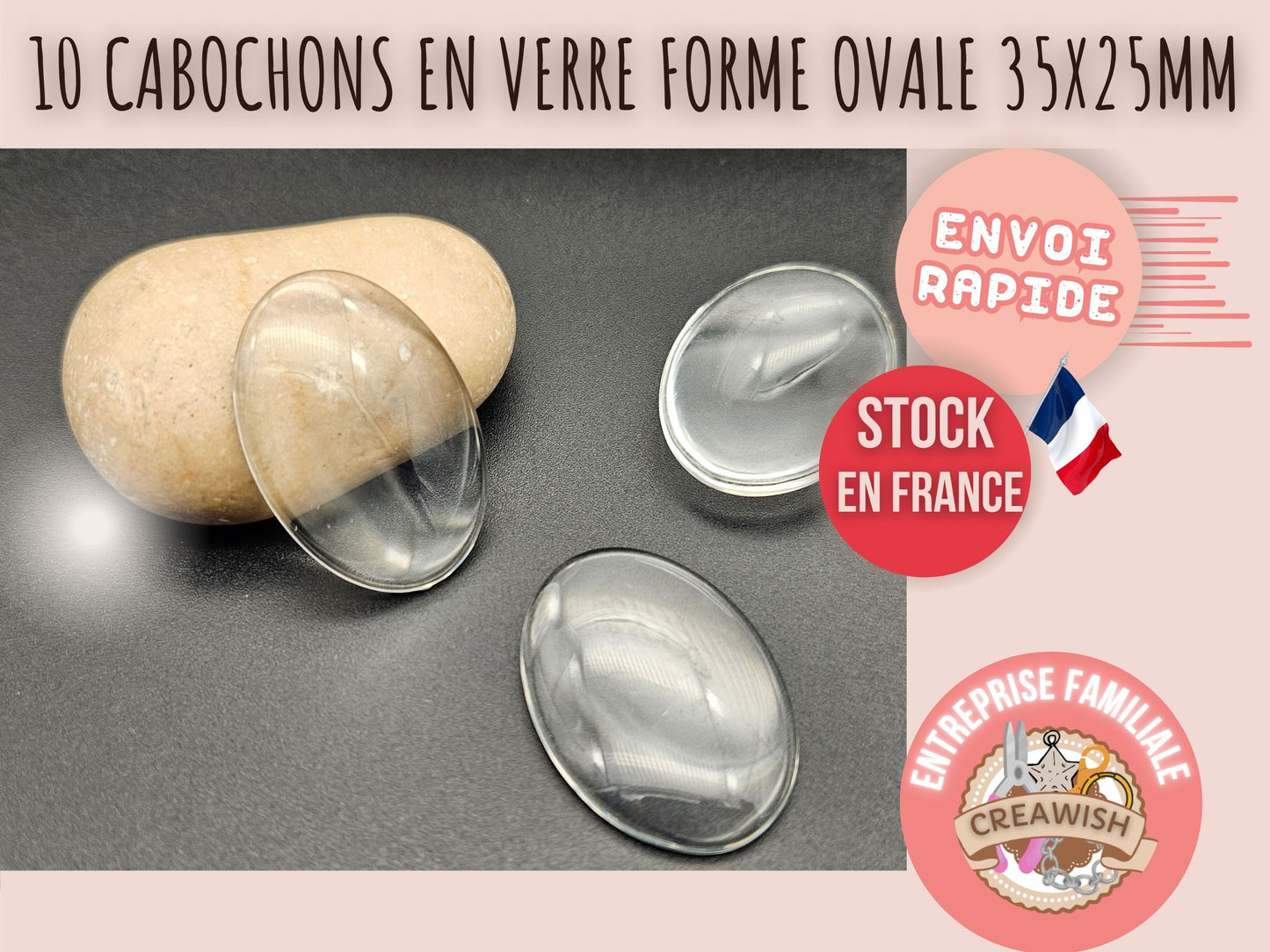 10 cabochons en verre forme ovale 35x25mm