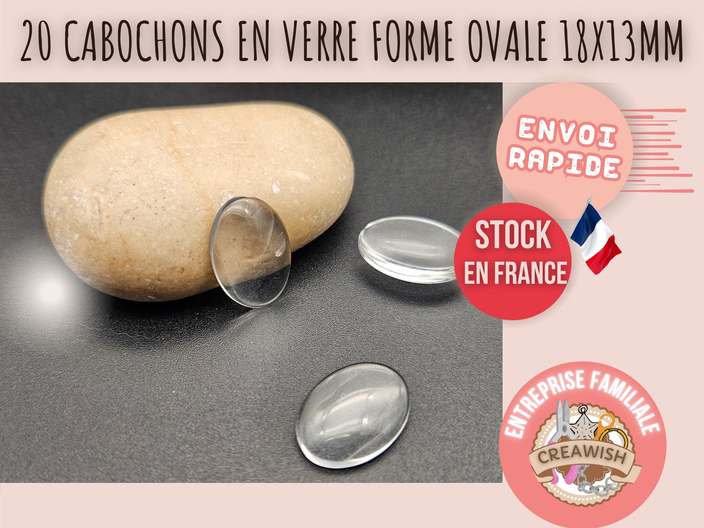 20 cabochons en verre forme ovale 18x13mm