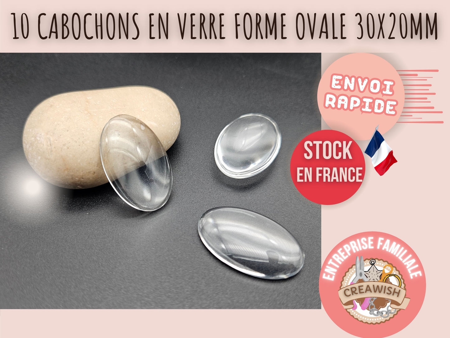 10 cabochons en verre forme ovale 30x20mm