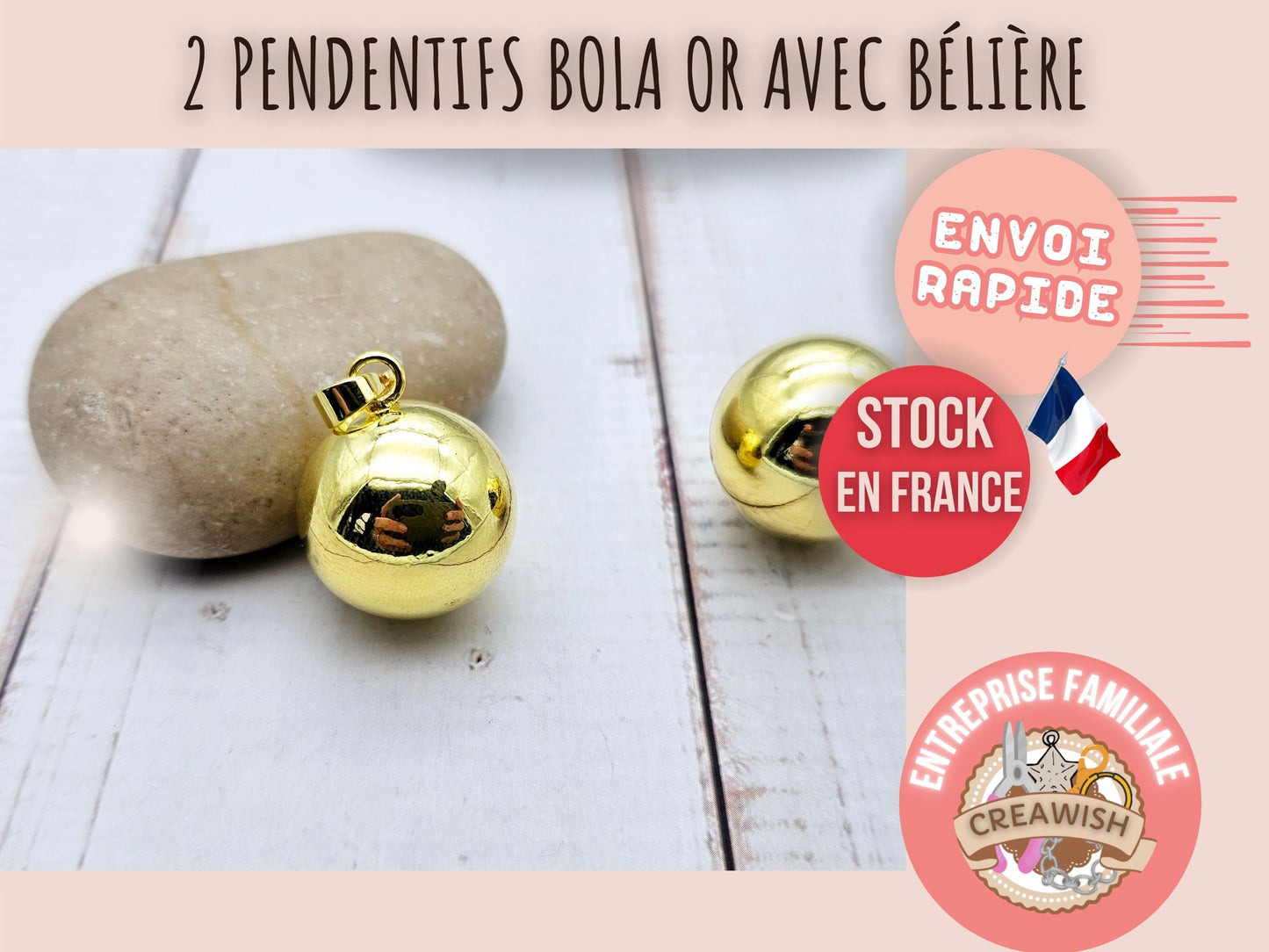 2 pendentifs bola bille sonore 20,5mm doré- Avec bélière
