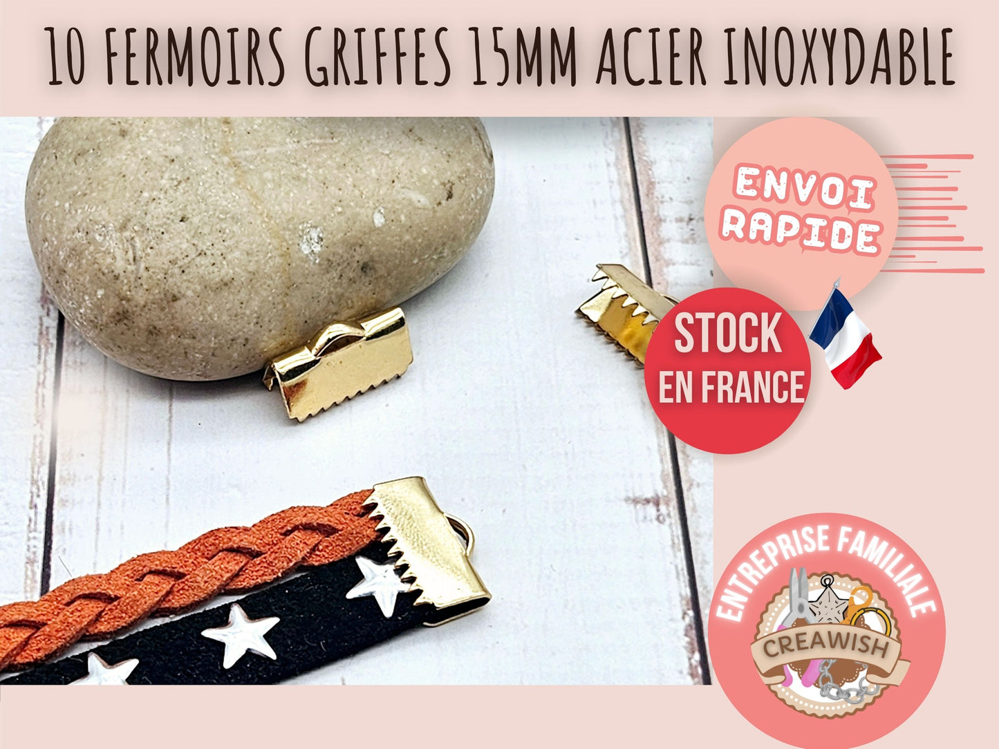 10 embouts fermoirs griffes 15mm acier inoxydable doré