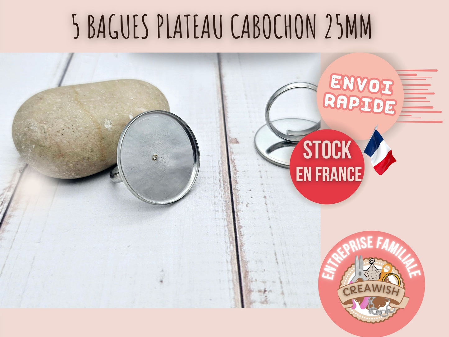 5 bagues plateau cabochon 25mm acier inoxydable