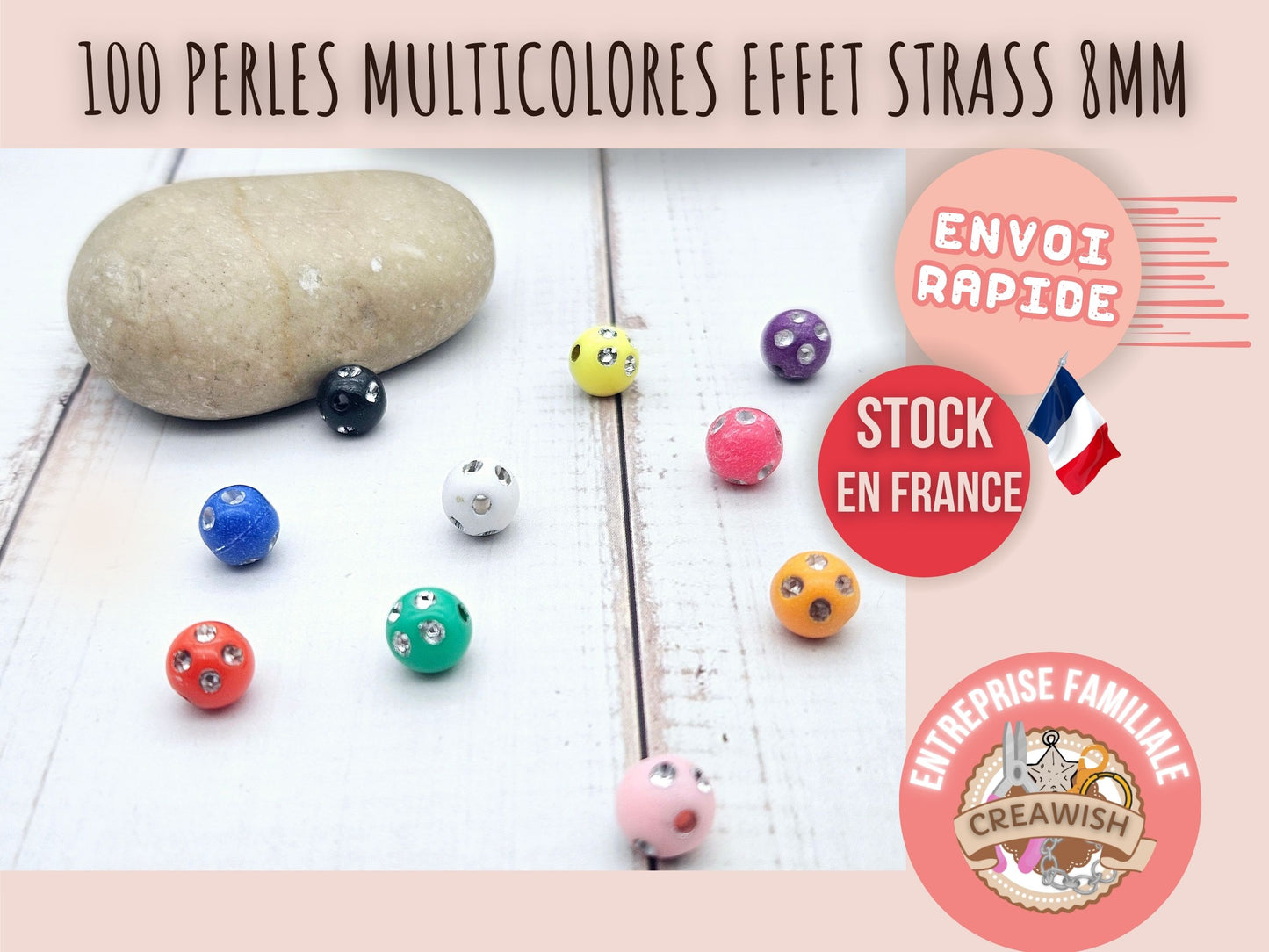 100 perles multicolores effet strass 8mm