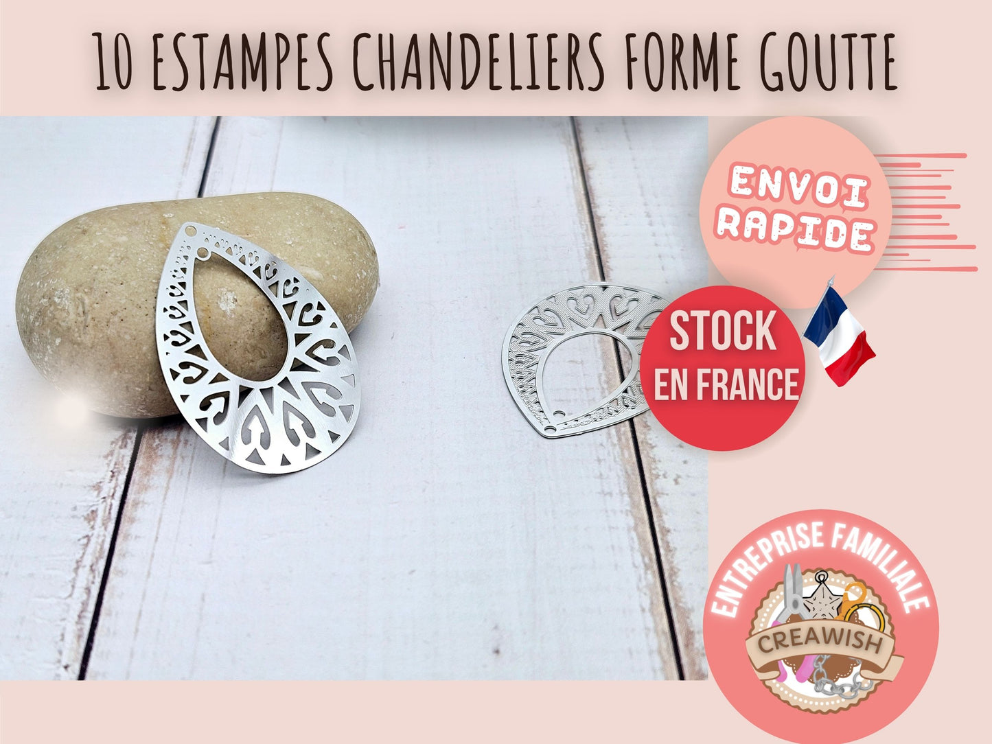 10 estampes ajourées coeurs forme goutte acier inoxydable