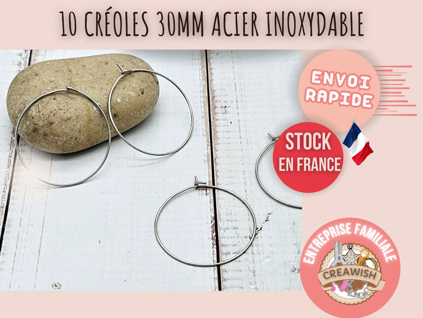 10 créoles rondes 30mm acier inoxydable