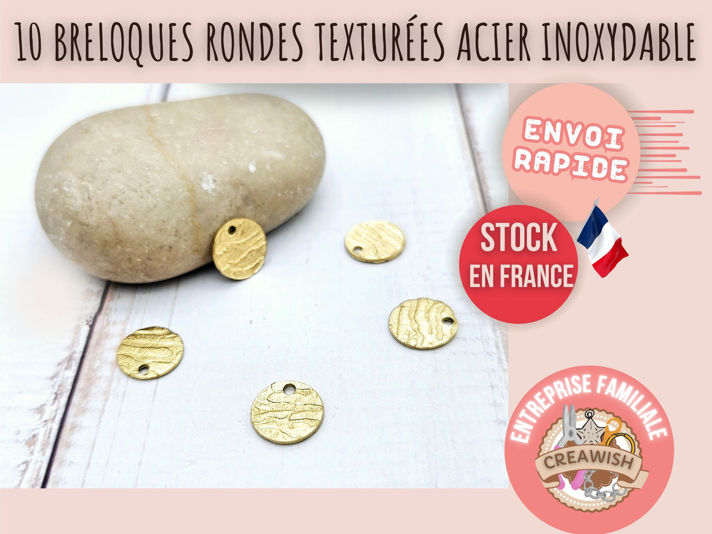 10 breloques rondes plates texturées 10mm acier inoxydable doré