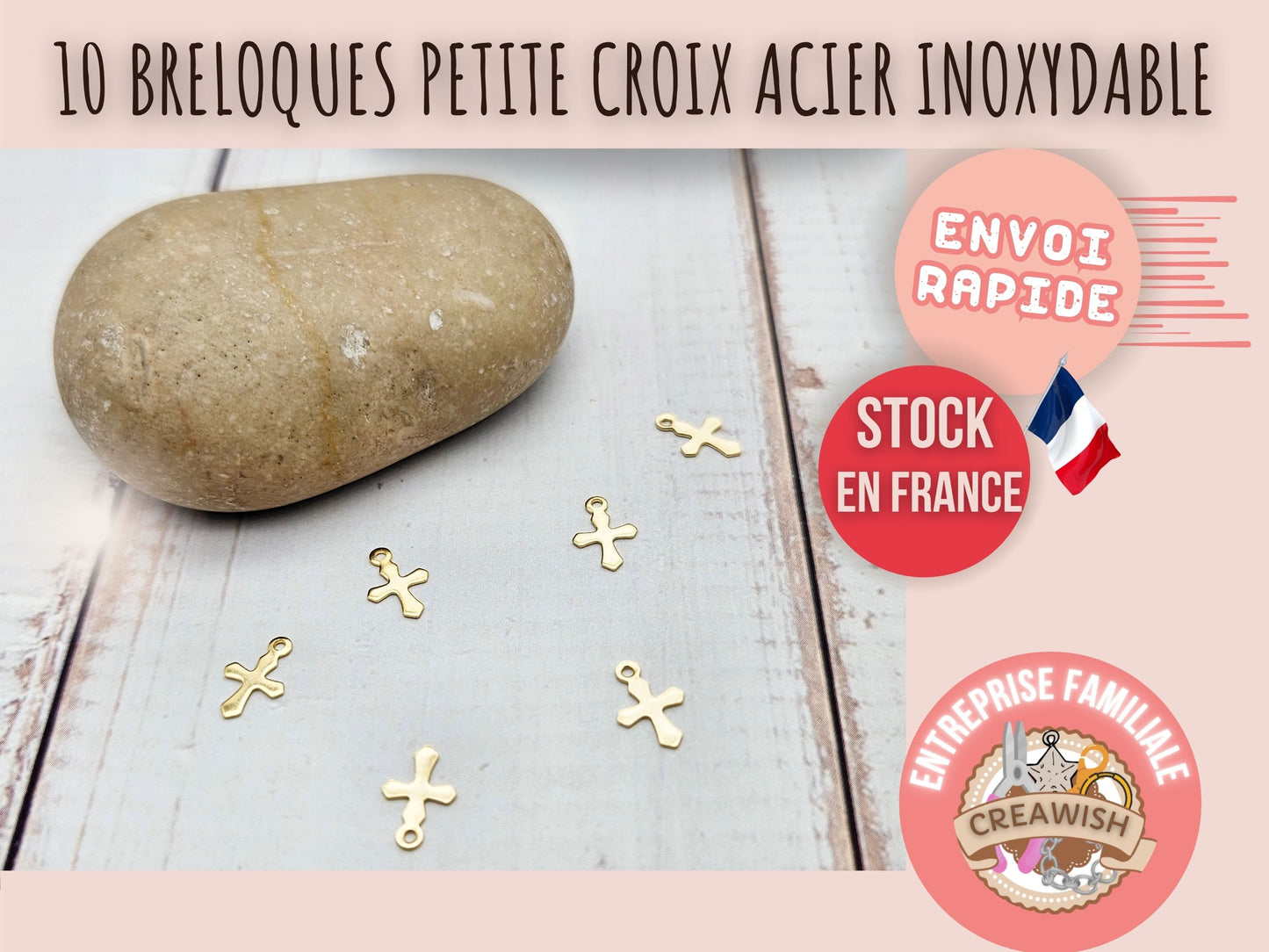 10 breloques petite croix dorée acier inoxydable