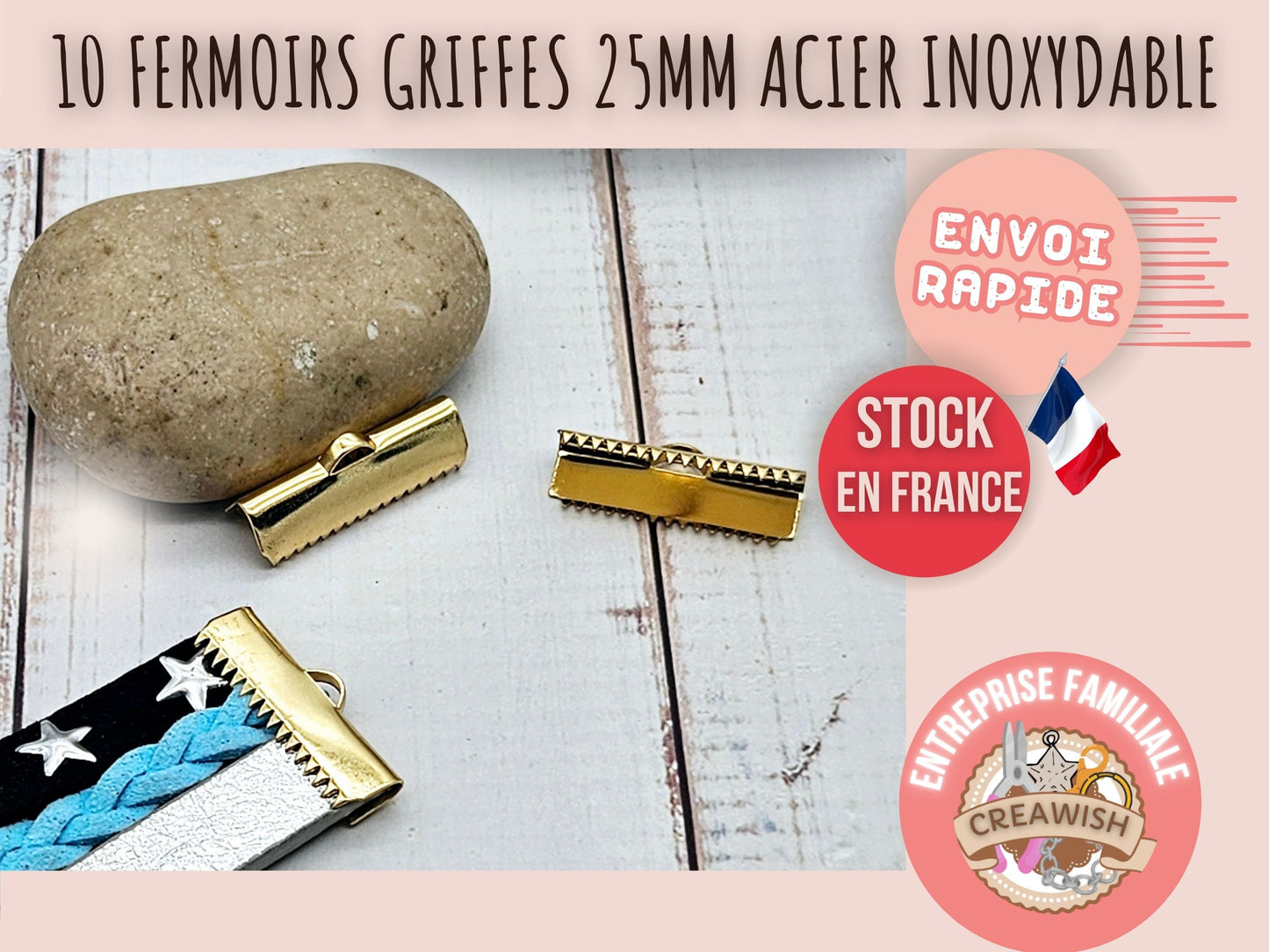 10 embouts fermoirs griffes 25mm acier inoxydable doré