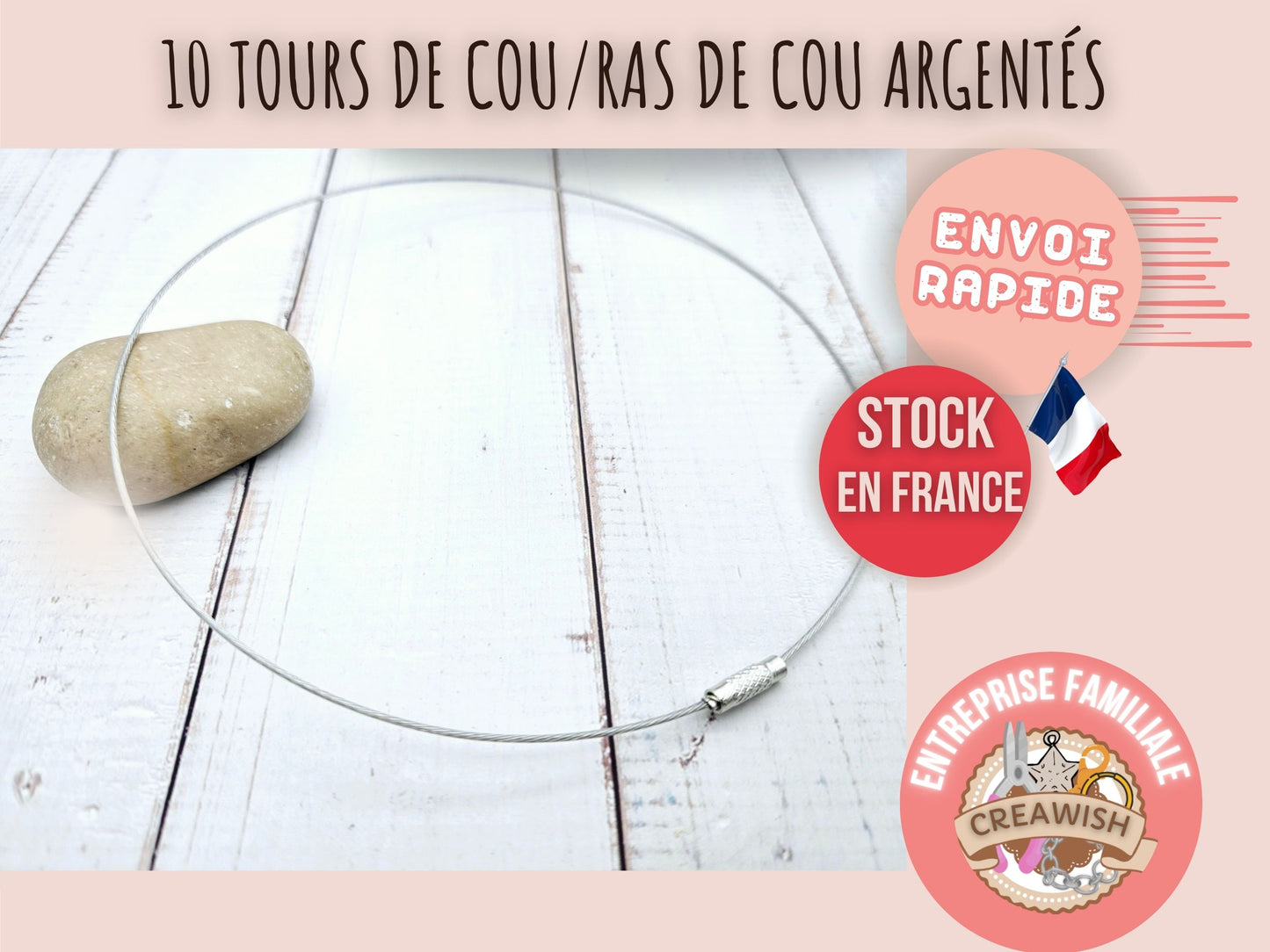 10 tours de cou couleur argent acier inoxydable