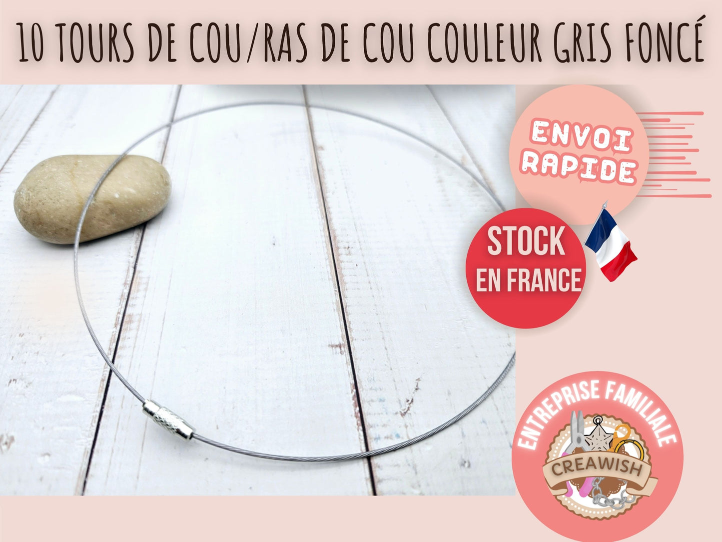 10 tours de cou couleur gris foncé acier inoxydable
