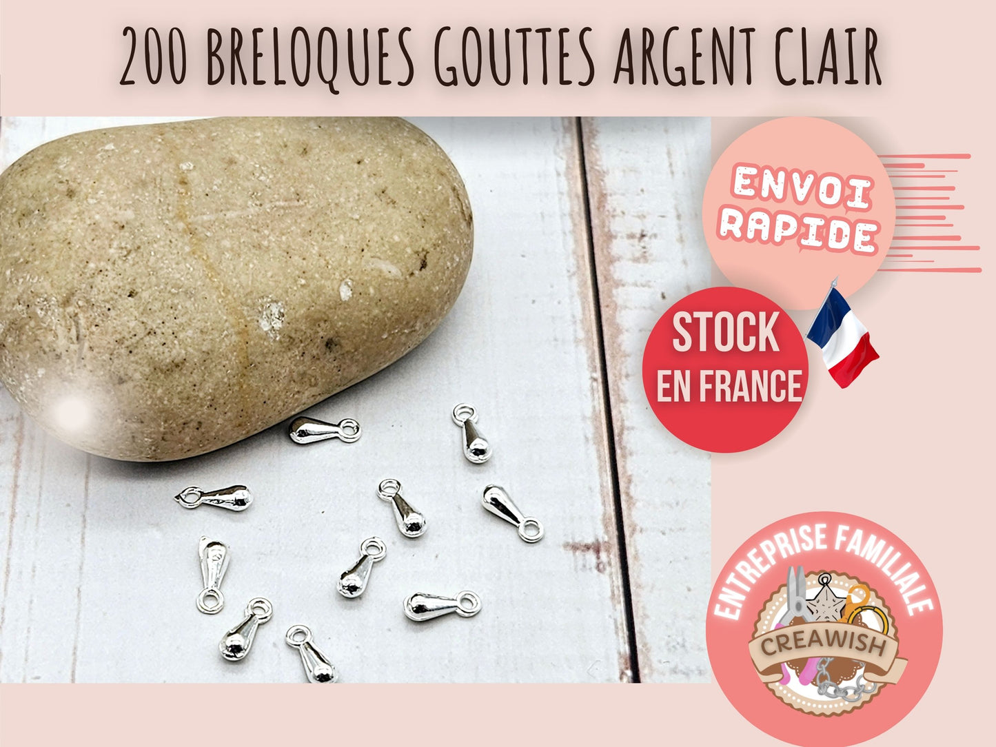 200 breloques gouttes 7mm argent clair