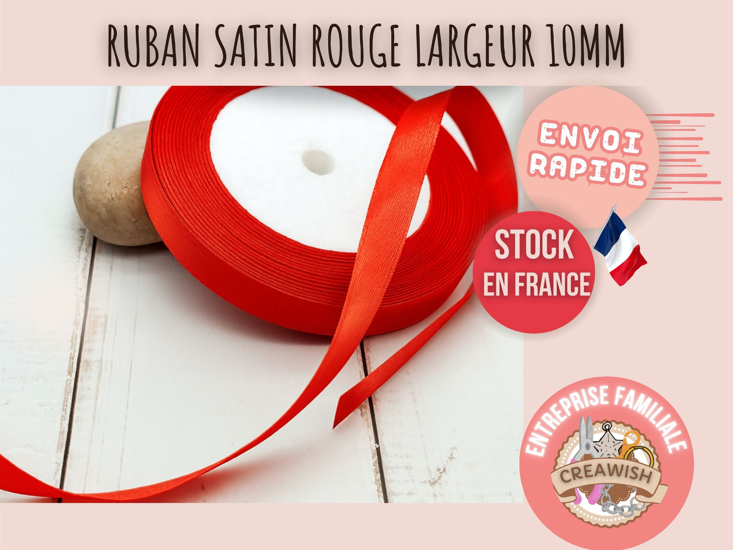 Ruban satin rouge 22 mètres – Largeur 10 mm