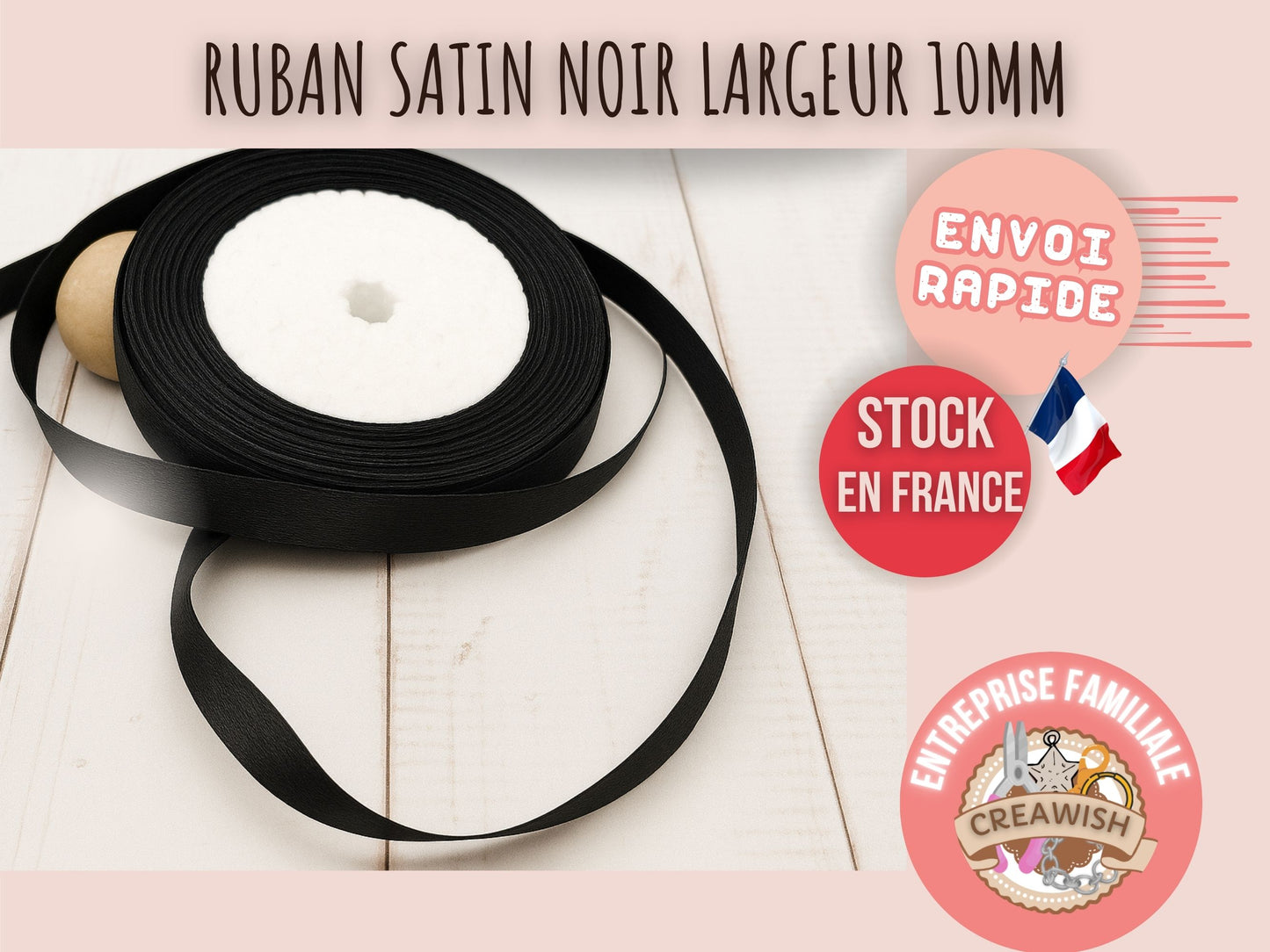 Ruban satin noir 22 mètres – Largeur 10 mm