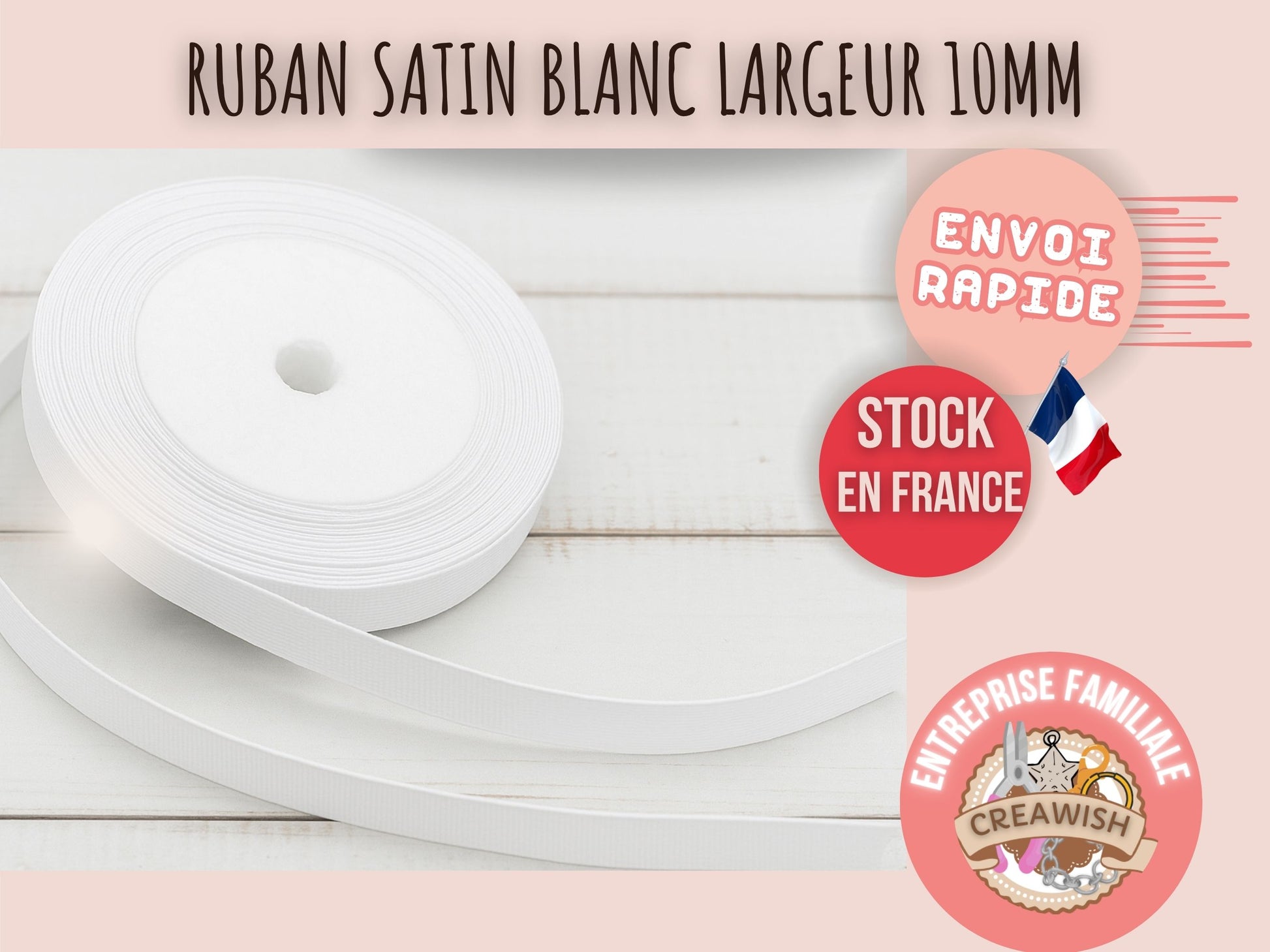 Ruban satin blanc 22 mètres – Largeur 10 mm