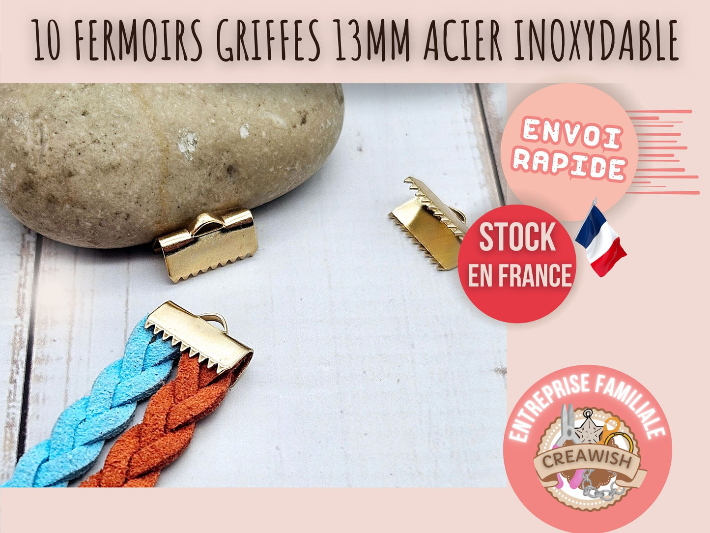 10 embouts fermoirs griffes 13mm acier inoxydable doré