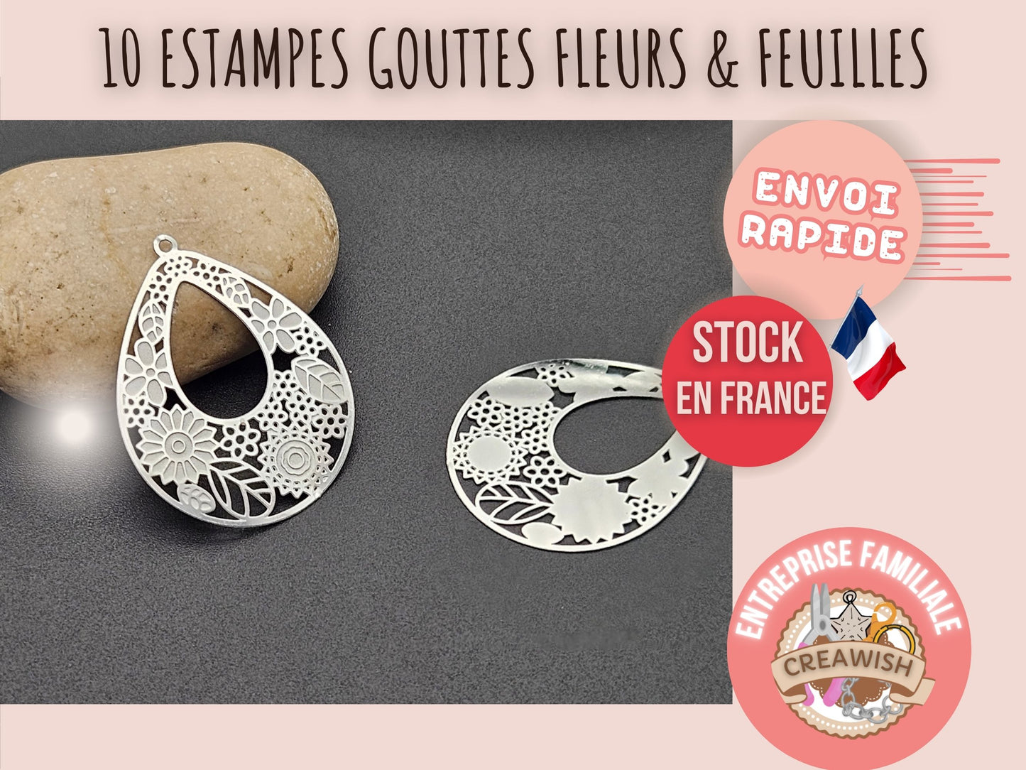 10 estampes gouttes fleurs et feuilles acier inoydable