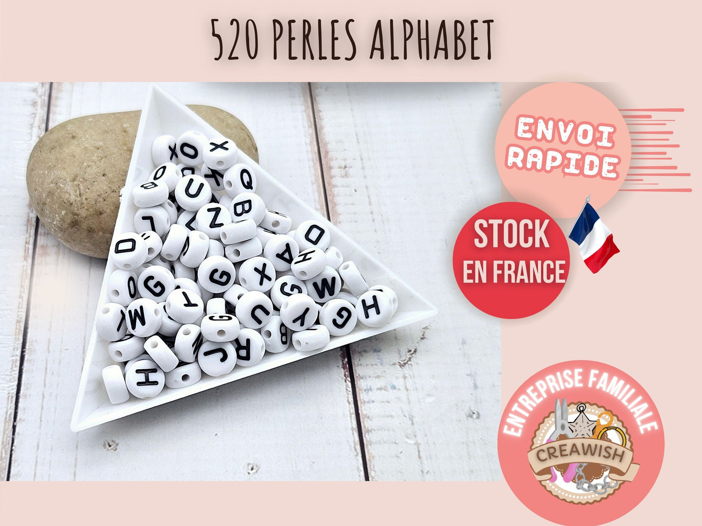520 perles alphabet lettres noires sur blanc 7mm