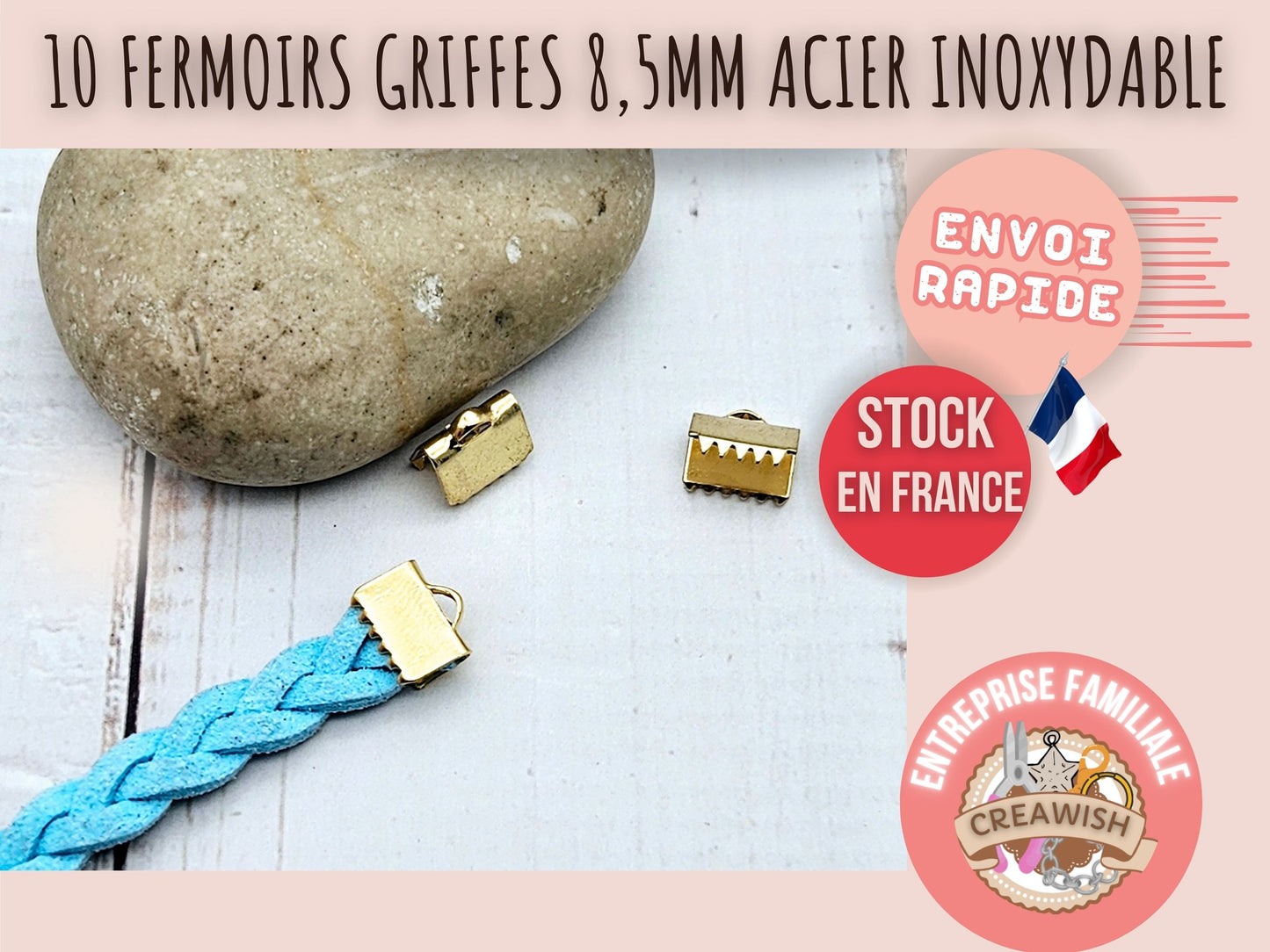 10 embouts fermoirs griffes 8,5mm acier inoxydable doré