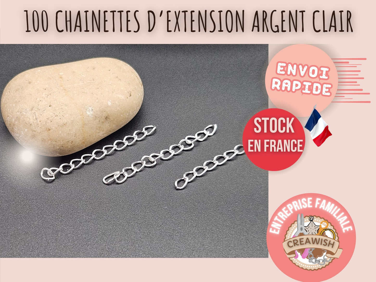 100 chaînettes d'extension maille courbée couleur argent clair