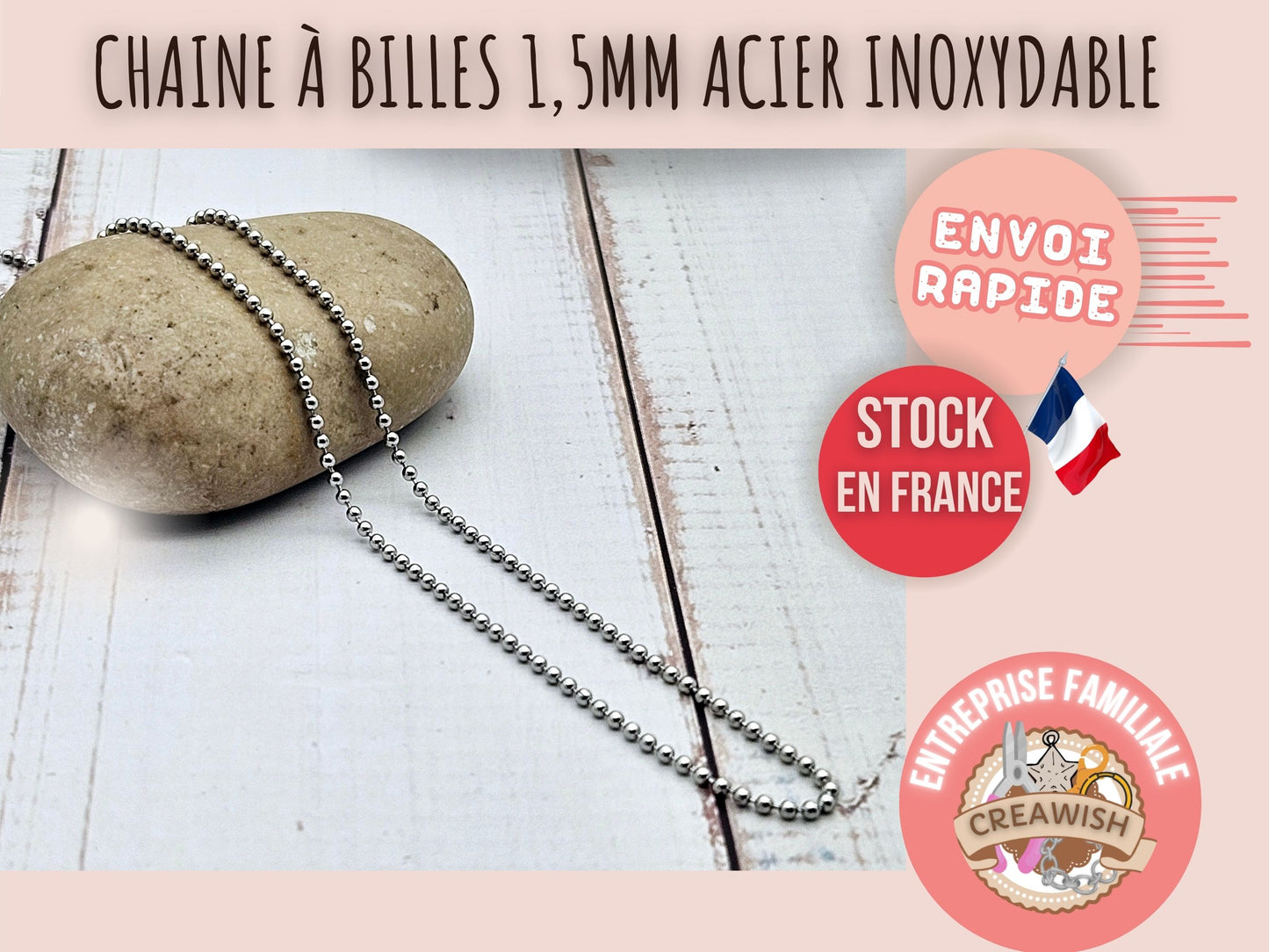 Chaîne à billes 1,5mm acier inoxydable, 1 mètre