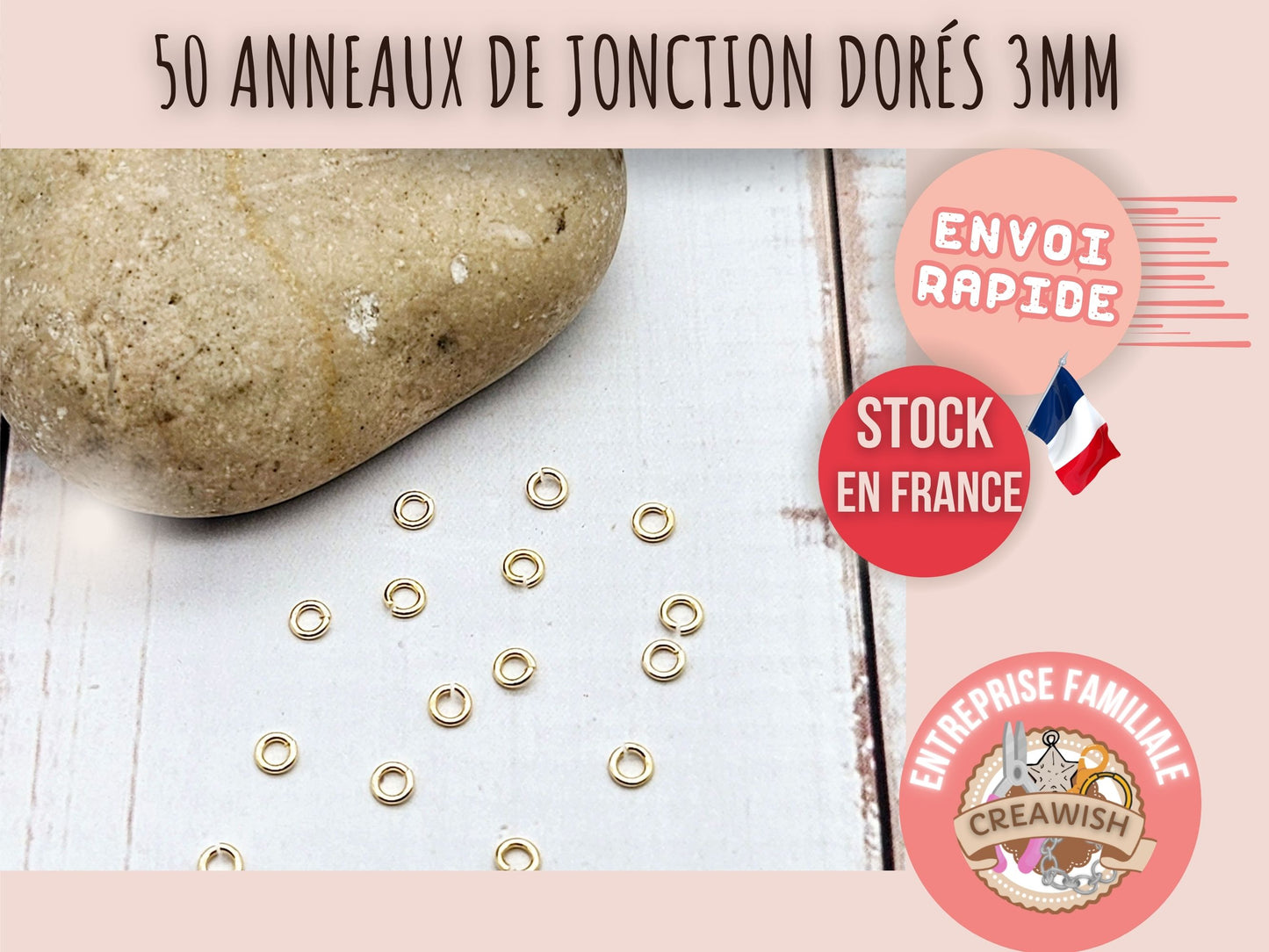 50 anneaux de jonction 3mm couleur or