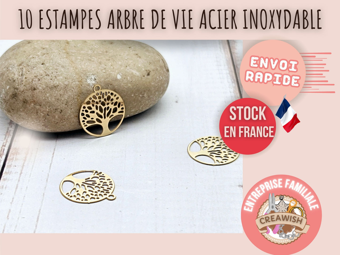 10 estampes arbre de vie acier inoxydable doré