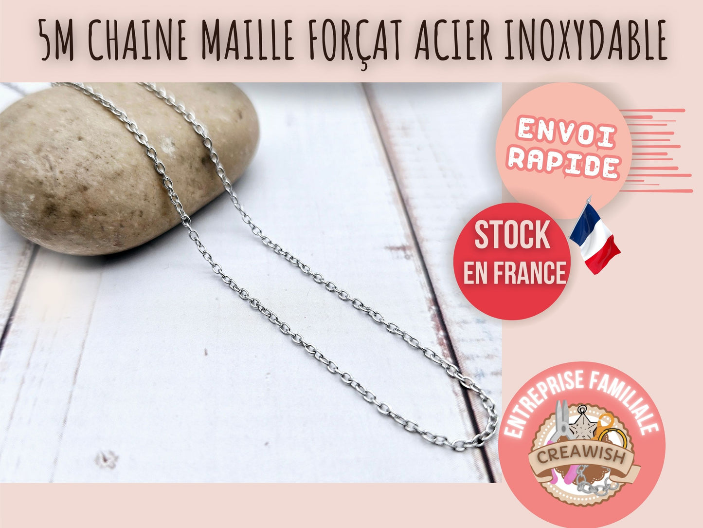 Chaîne maille forçat, 5m, acier inoxydable 2x1,5mm