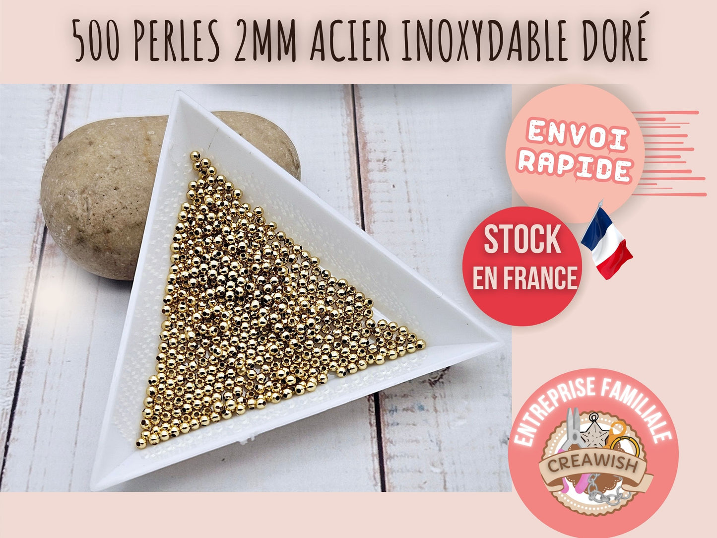 500 perles rondes 2mm acier inoxydable doré
