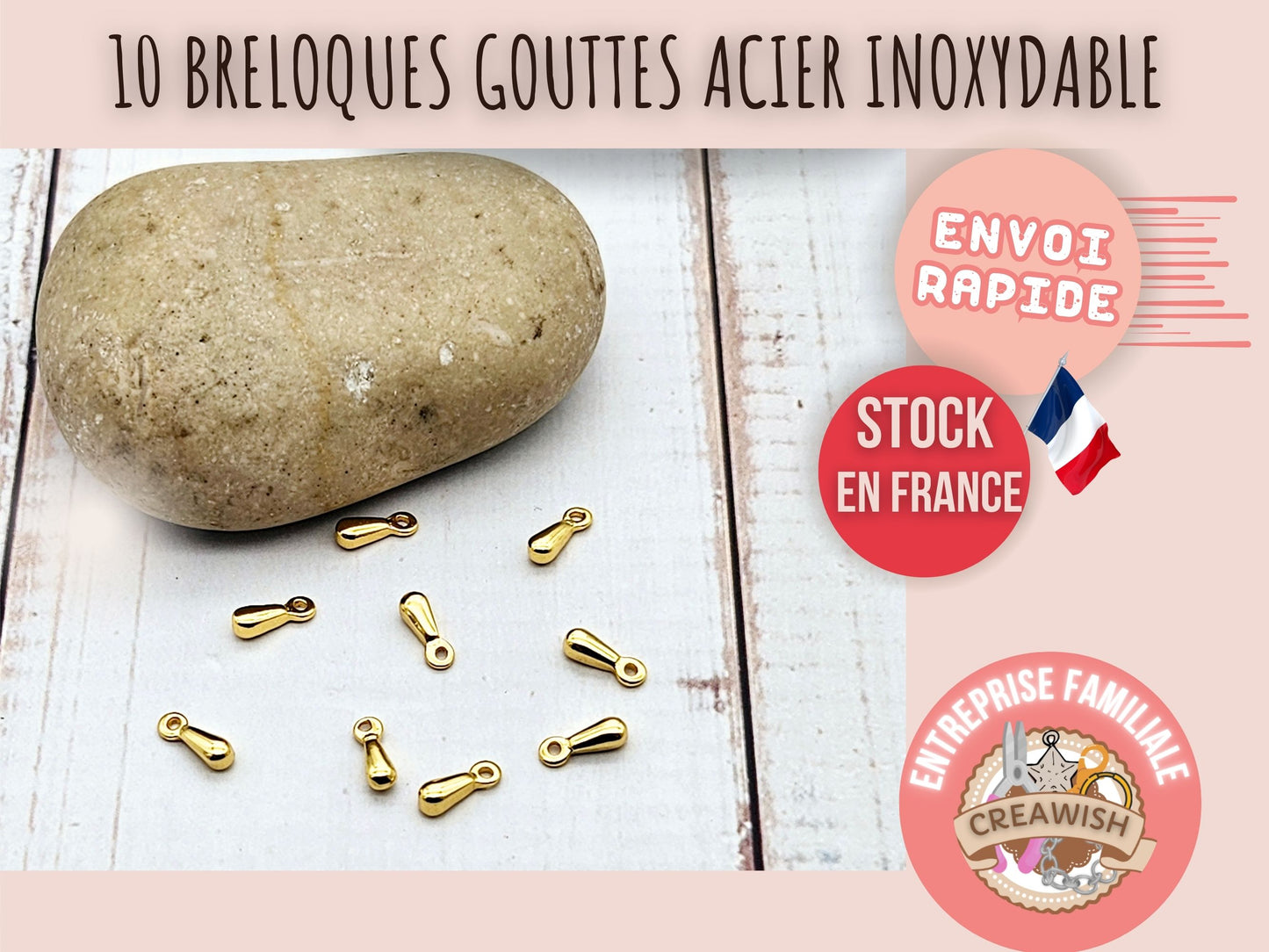 10 breloques gouttes acier inoxydable doré