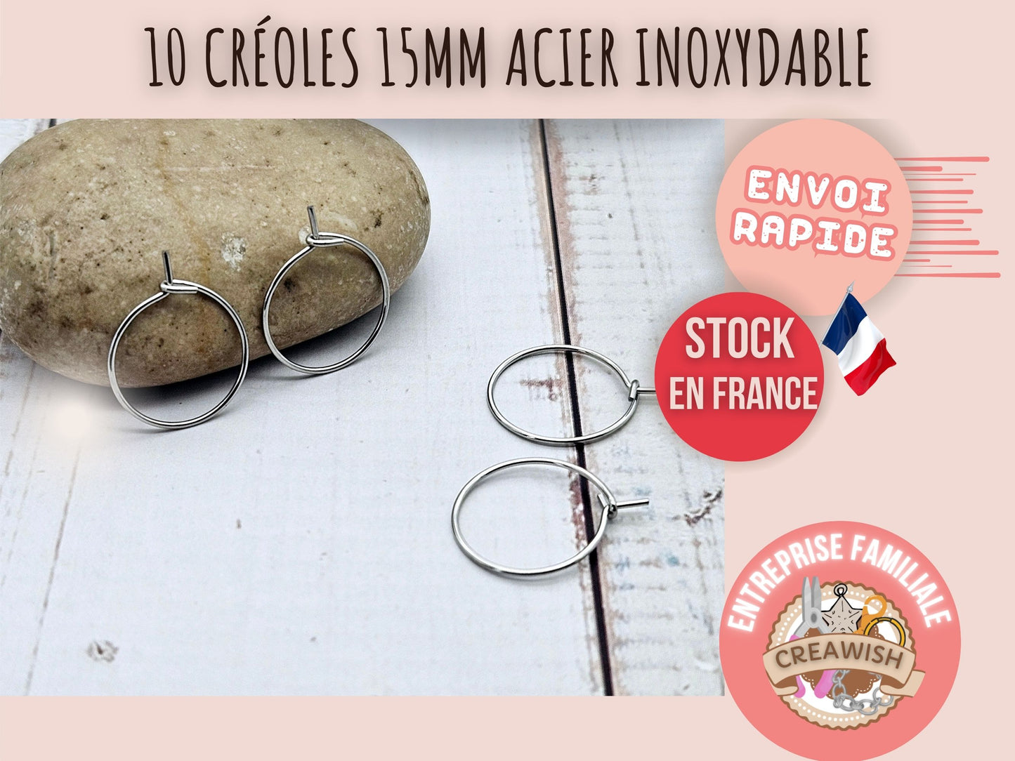 10 créoles rondes 15mm acier inoxydable