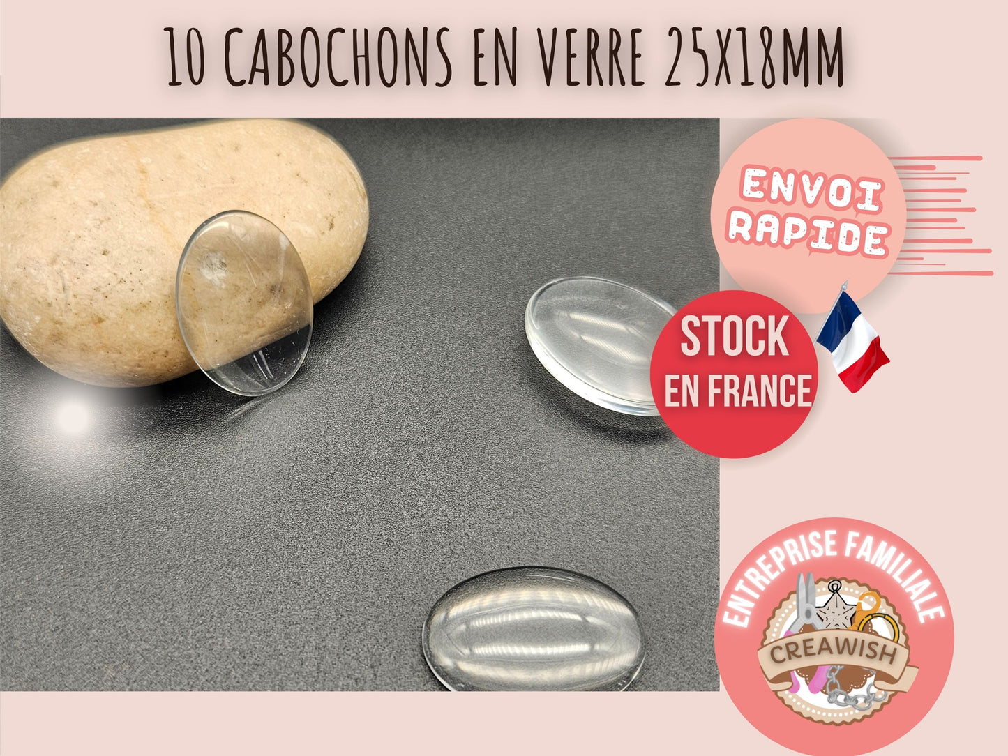 10 cabochons en verre 25x18mm