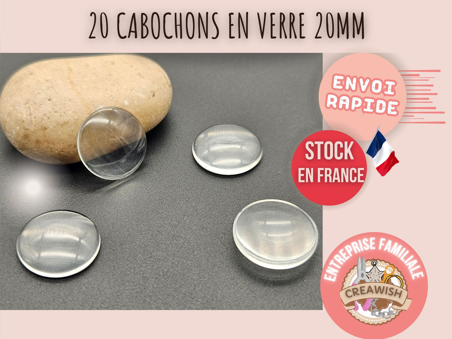 20 cabochons en verre 20mm
