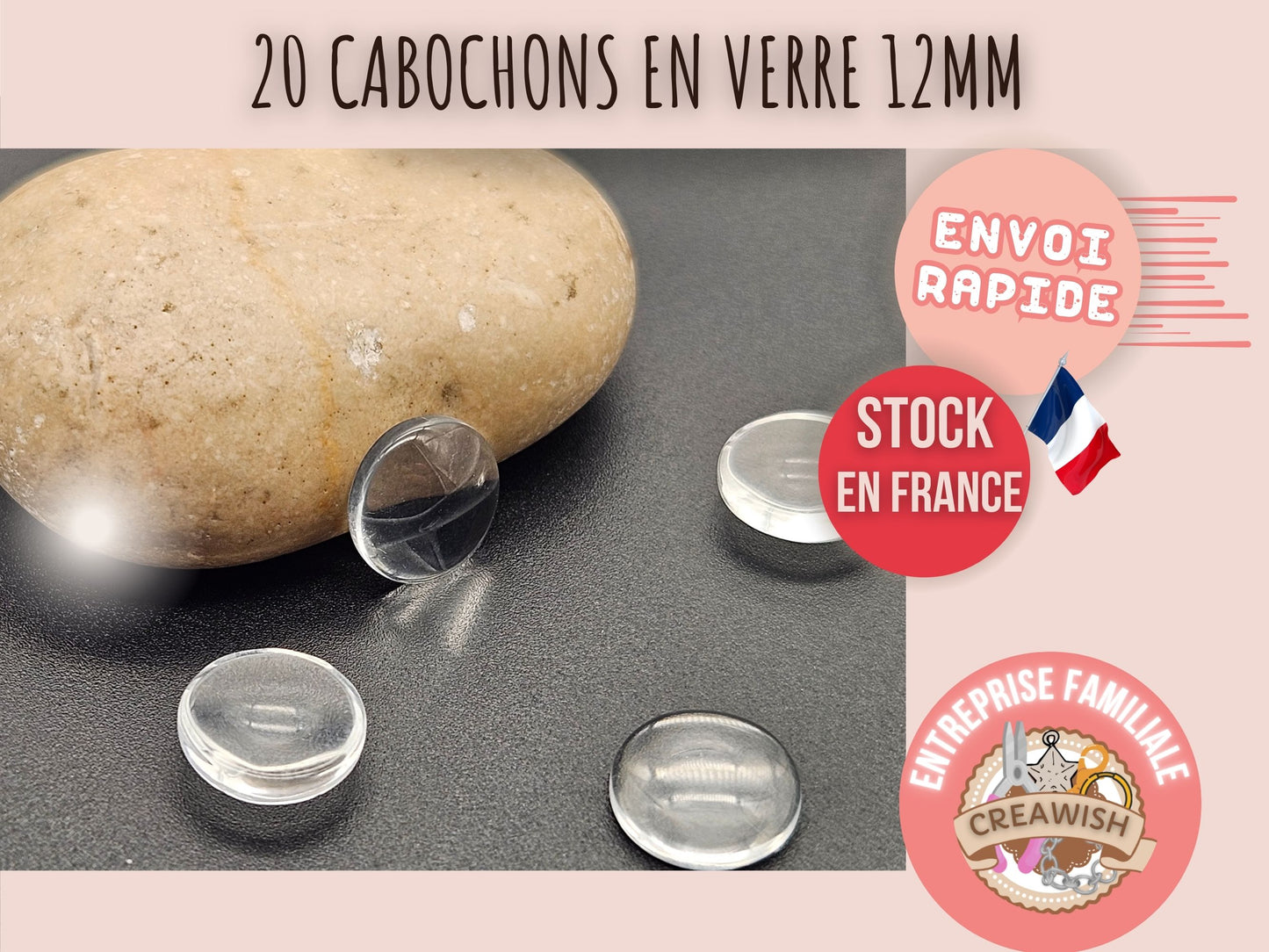 20 cabochons en verre 12mm