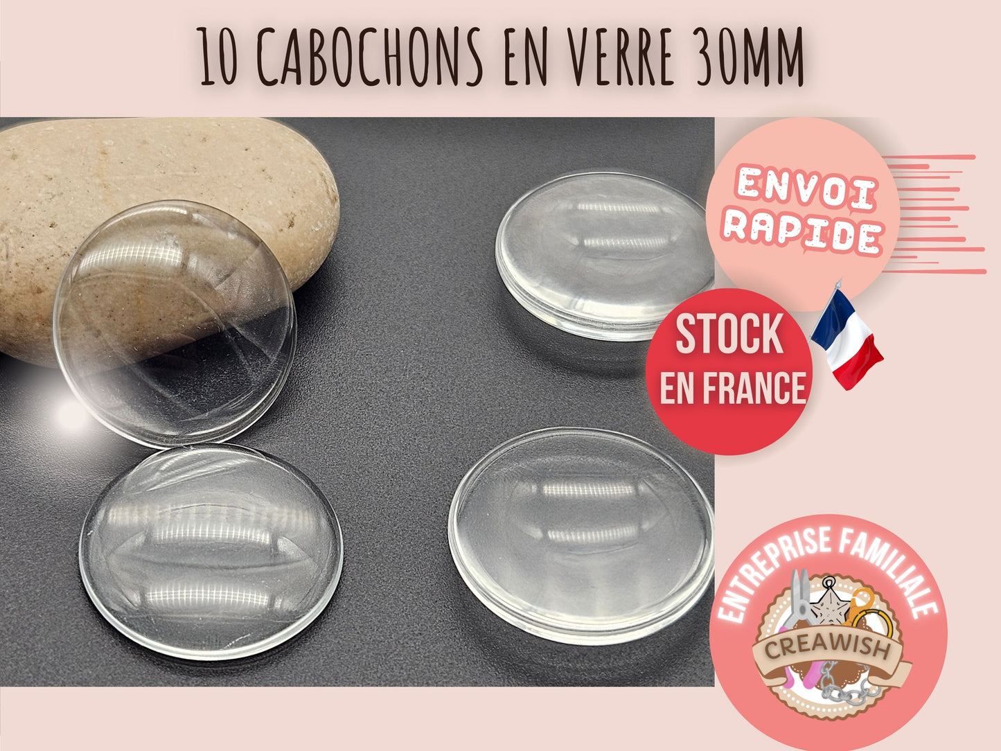 10 cabochons en verre 30mm