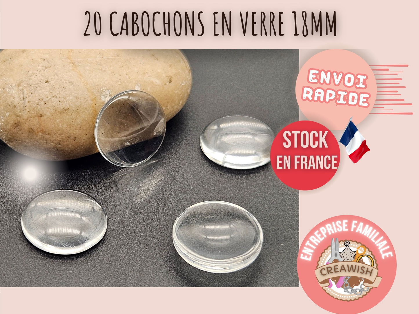 20 cabochons en verre 18mm