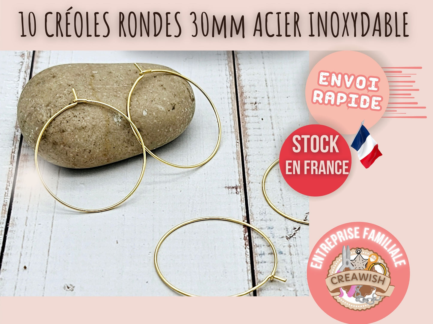 10 créoles rondes 30mm acier inoxydable dorées