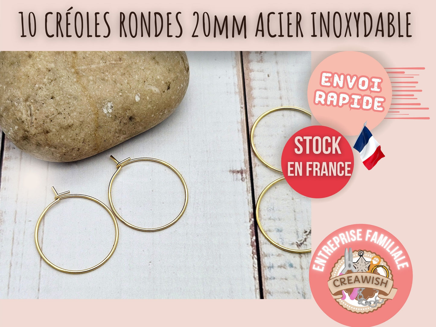 10 créoles rondes 20mm acier inoxydable dorées