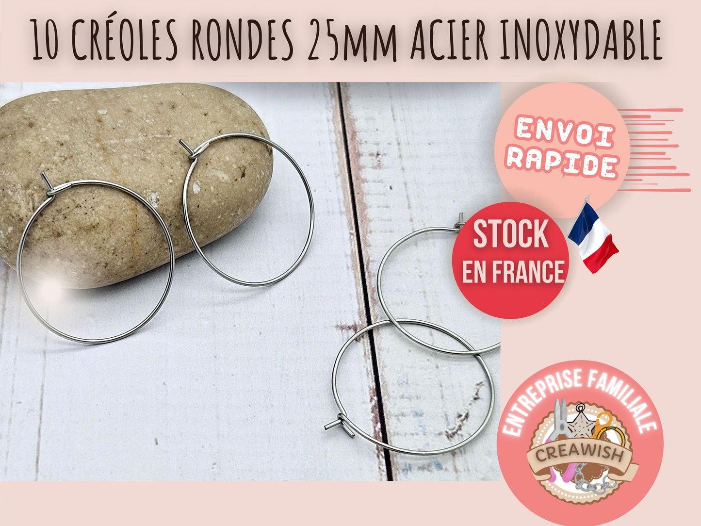 10 créoles rondes 25mm acier inoxydable