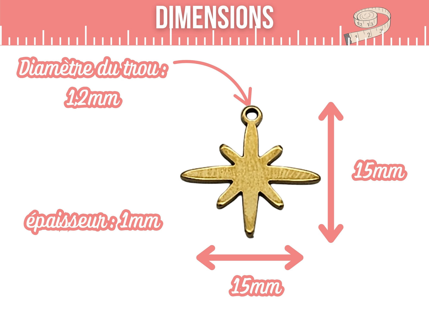 10 breloques étoile du nord acier inoxydable doré