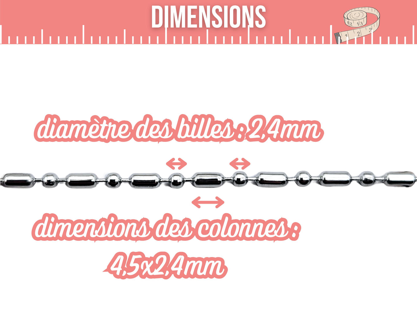 Chaîne à billes alternées 2,4mm acier inoxydable, 1 mètre