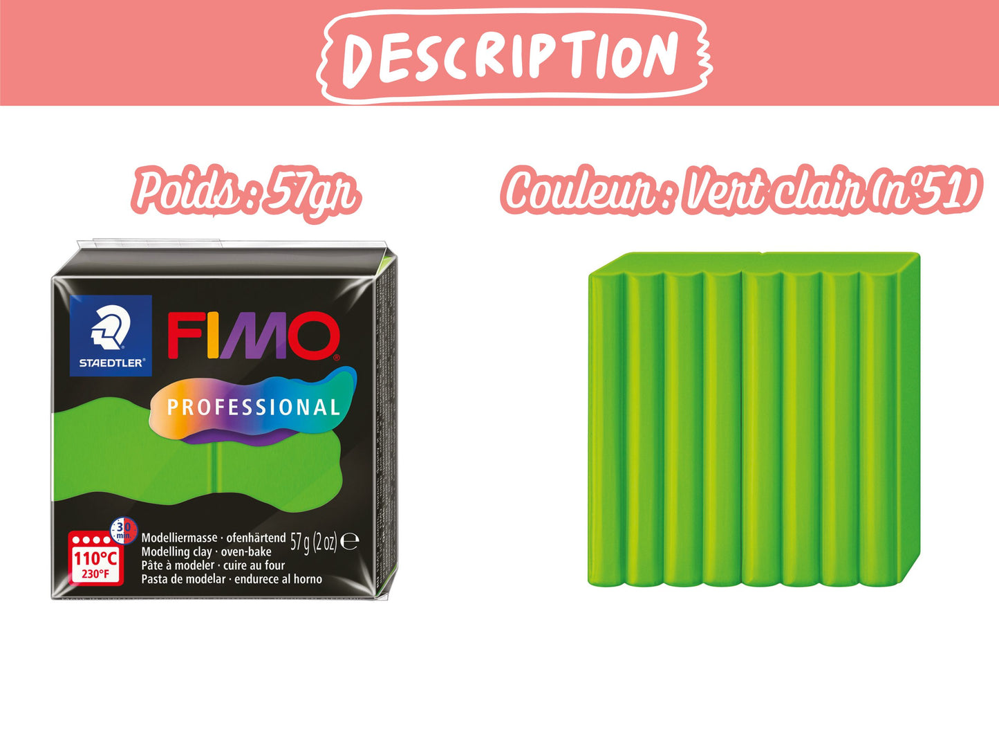 Pâte Fimo Professional 57g – Vert clair n°51