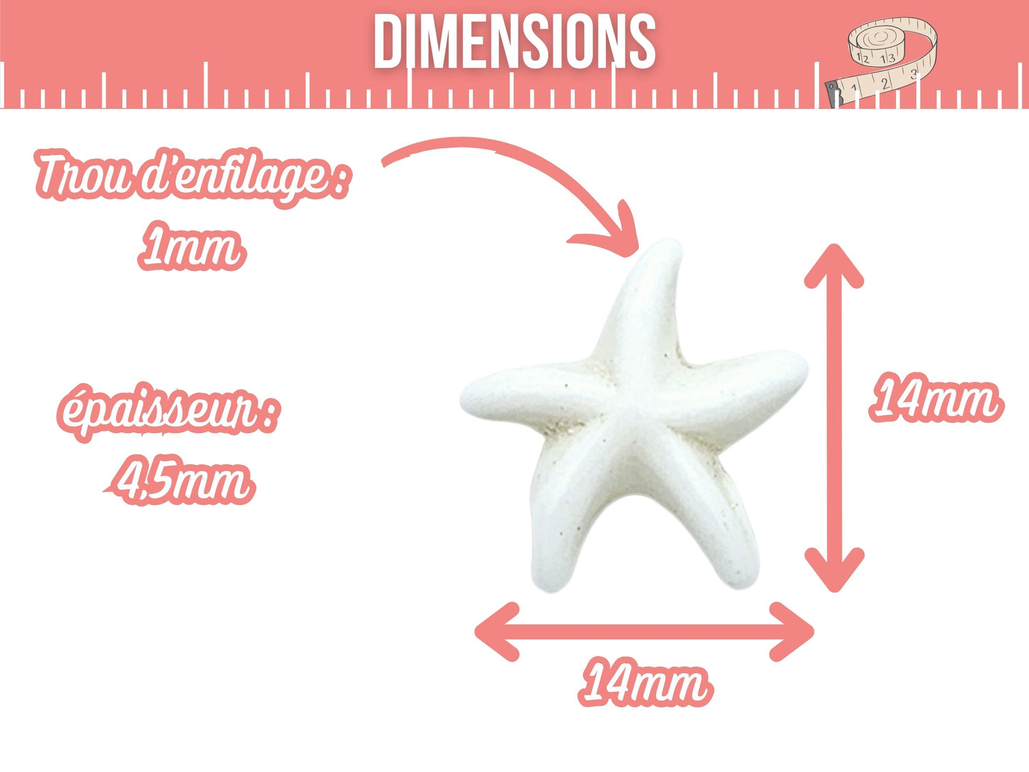 36 perles étoile de mer blanches 14mm