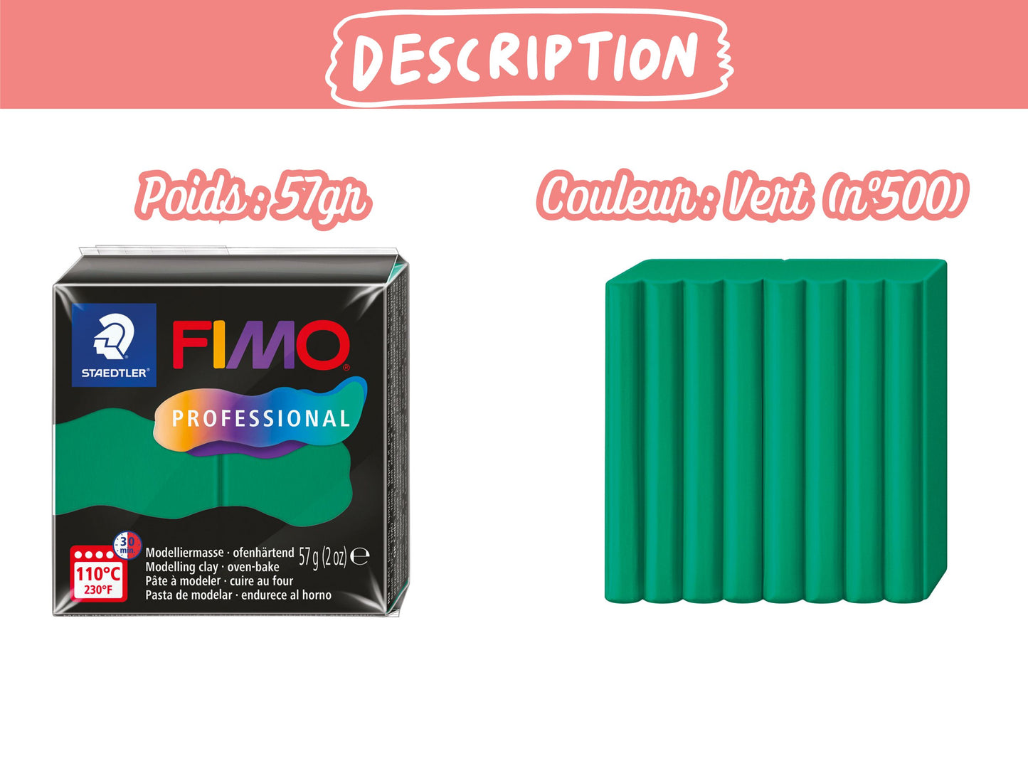 Pâte Fimo Professional 57g – Vert n°500