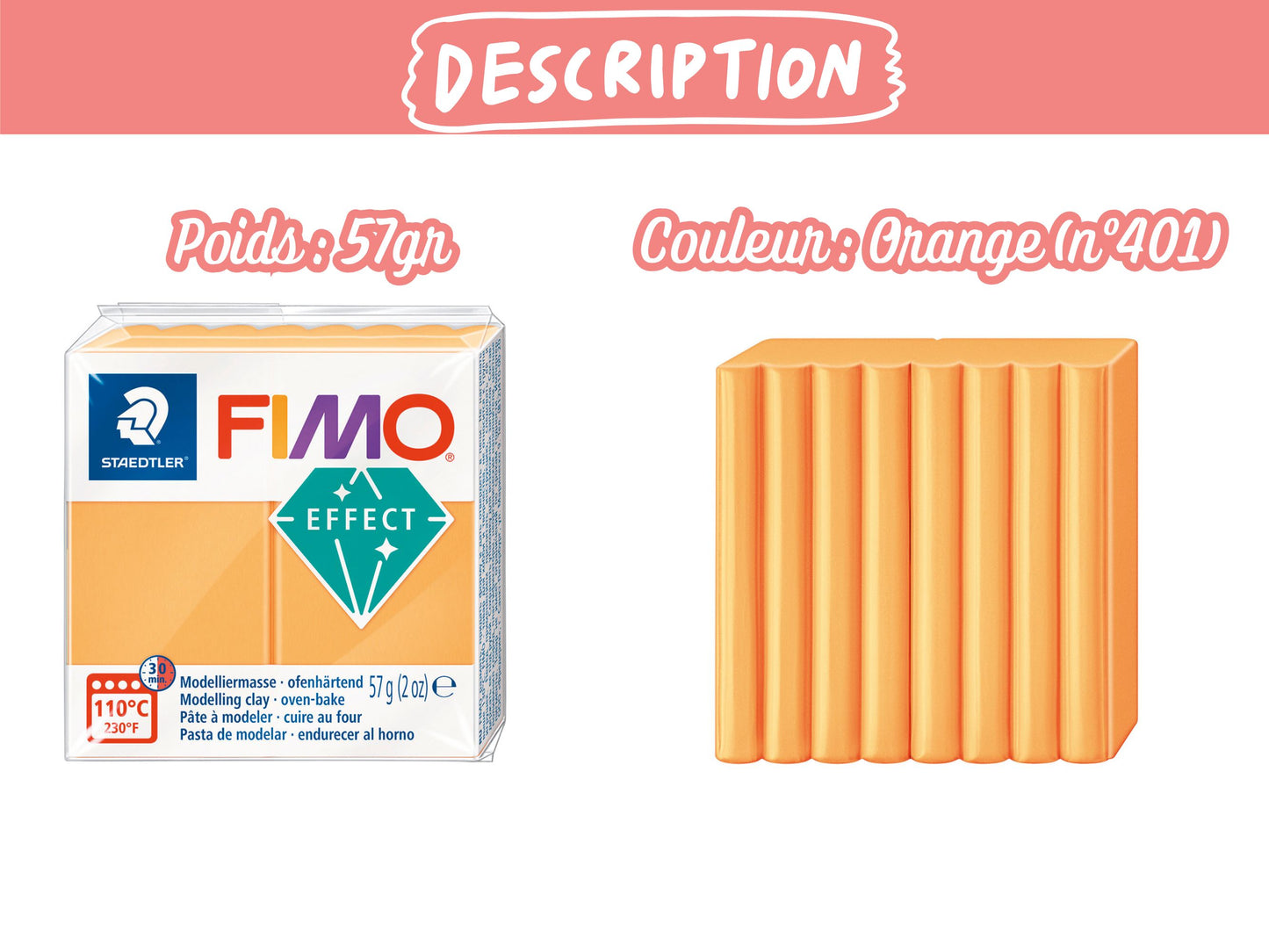 Pâte Fimo Effect néon 57g – Orange n°401