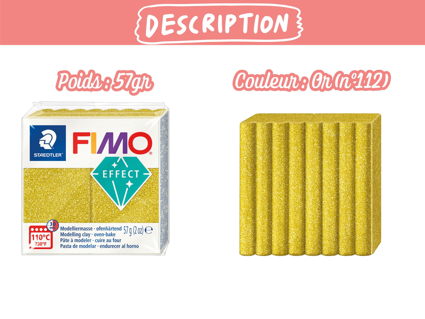 Pâte Fimo Effect pailleté 57g – Or n°112